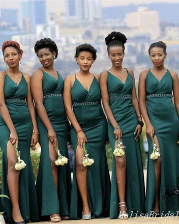 Spaghetti Straps V Neck Green Mermaid Long Bridesmaid Dresses  ,BD203