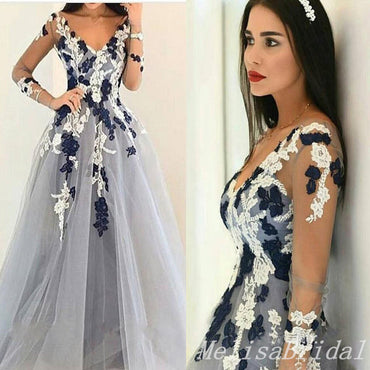 Blue Lace Appliques V Neck Long Sleeves Evening Gown Maxi Long Evening Party Prom Dresses,MB808