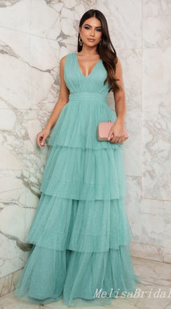 Green Plunging A-line Layer Evening Gown Maxi Long Evening Party Prom Dresses ,MB765