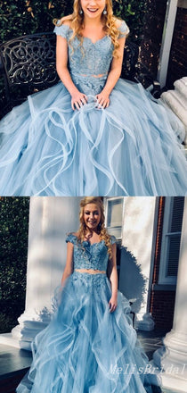 Elegant Gorgeous Blue Two Pieces Tulle Lace Appliques Simple A-Line Evening Gown Long Formal Dresses Prom Dresses ,MB393