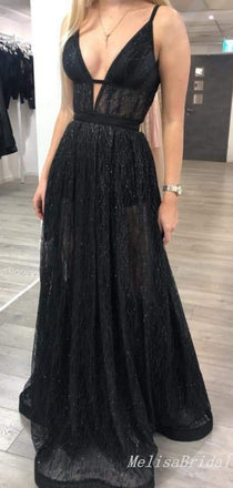 Charming Black Sexy Plunging Deep V-neck A-line Lace Appliques Evening Gown Long Prom Dresses,MB330