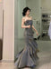 Elegant Gray Spaghetti Strap Pleats Ruffles Mermaid Long Evening Prom Dresses,MB18