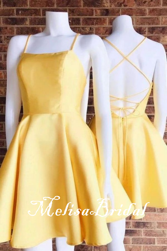 Yellow Spaghetti Straps Lace Up Back A-Line Graduation Party Short Homecoming Dresses, HD444