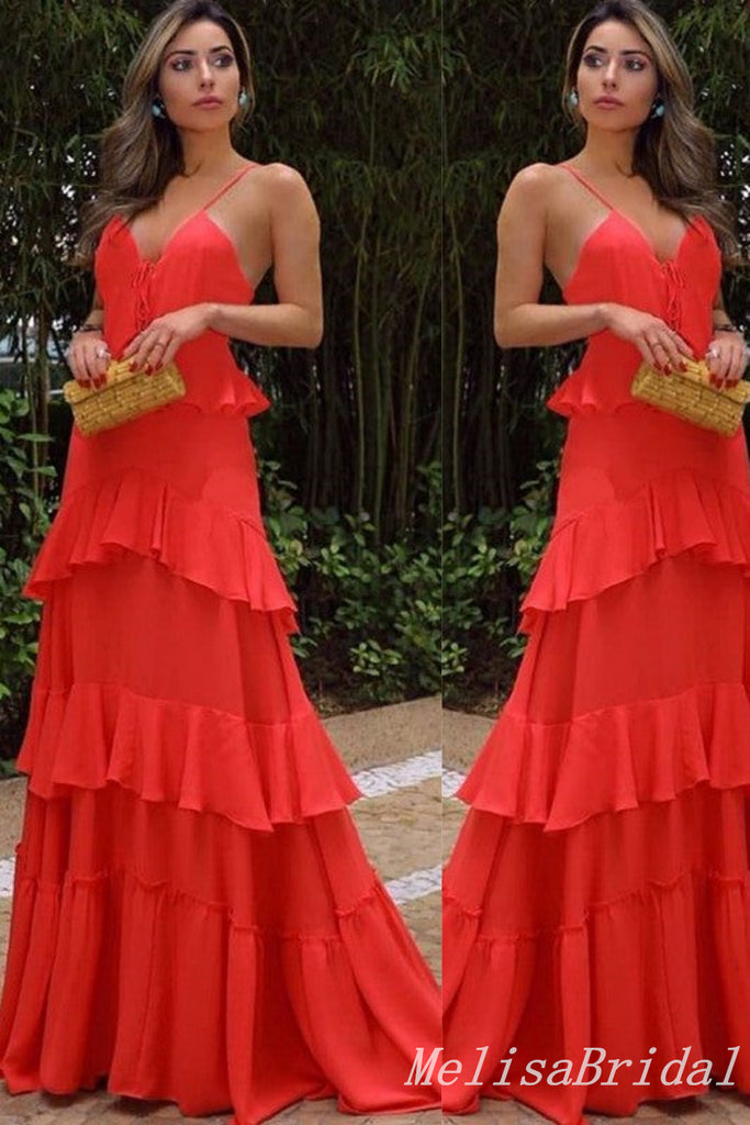 Elegant Red Spaghetti Straps V Neck A-line Long Party Dress Prom Dresses,MB1035