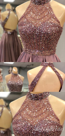 Sparkle Halter Open Back A-Line Graduation Party Short Homecoming Dresses With Pleats, HD418