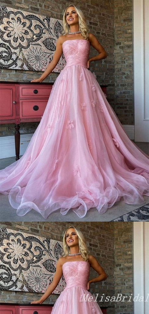 Elegant Pink A-Line Straight Neck Evening Gown Maxi Long Formal Dresses Prom Dresses With Tulle,MB530