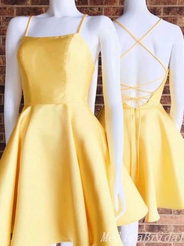 Yellow Spaghetti Straps Lace Up Back A-Line Graduation Party Short Homecoming Dresses, HD444