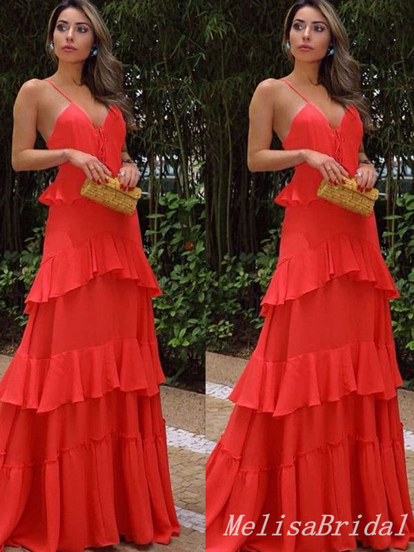 Elegant Red Spaghetti Straps V Neck A-line Long Party Dress Prom Dresses,MB1035