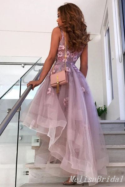 Elegant Purple Tulle A-line High Low Floral Short Homecoming Dresses, HD264