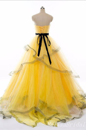 Yellow Layer Fluffy Sweetheart Sheer Corset Lace Up Back A-Line Evening Gown Maxi Long Evening Party Prom Dresses  ,MB594