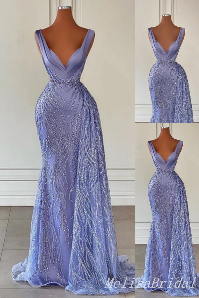 Purple Plunging Mermaid Evening Gown Maxi Long Evening Party Prom Dresses ,MB728