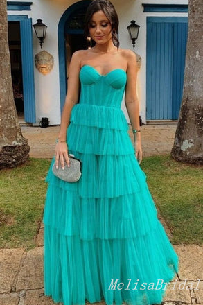 Green Strapless Sweetheart A-line Evening Gown Long Evening Party Prom Dresses,MB835
