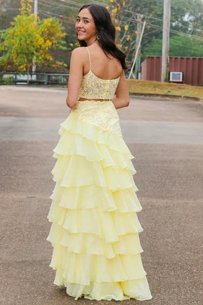 Elegant Yellow Spaghetti Strap A-line Long Prom Gown  ,MB10998