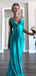 Sexy Blue V Neck Spaghetti Straps Side Slit Mermaid Sleeveless Evening Prom Dresses,MB148