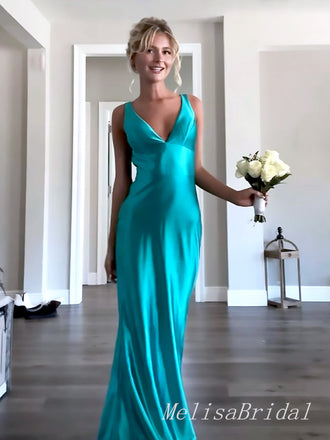 Sexy Blue V Neck Spaghetti Straps Side Slit Mermaid Sleeveless Evening Prom Dresses,MB148