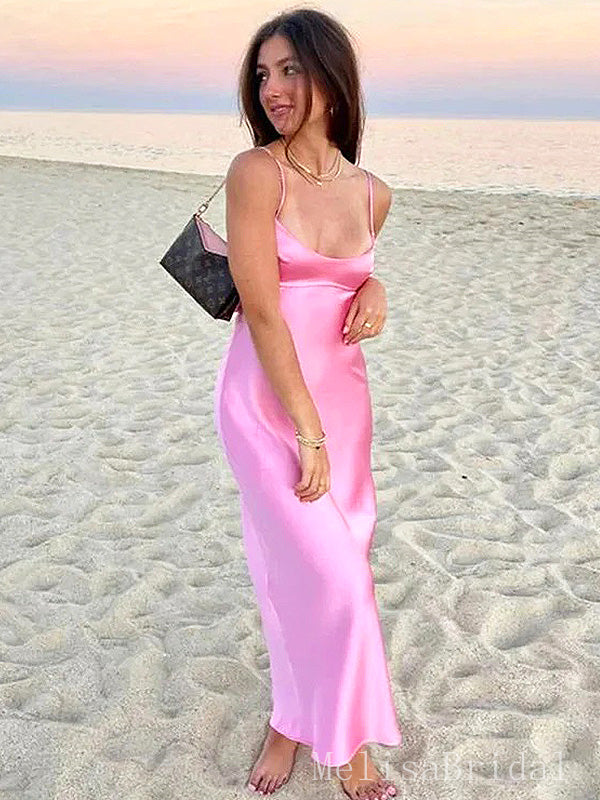 Sexy Unique Pink Spaghetti Strap Mermaid Long Prom Dresses,MB40