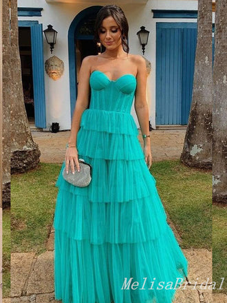 Green Strapless Sweetheart A-line Evening Gown Long Evening Party Prom Dresses,MB835