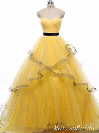 Yellow Layer Fluffy Sweetheart Sheer Corset Lace Up Back A-Line Evening Gown Maxi Long Evening Party Prom Dresses  ,MB594