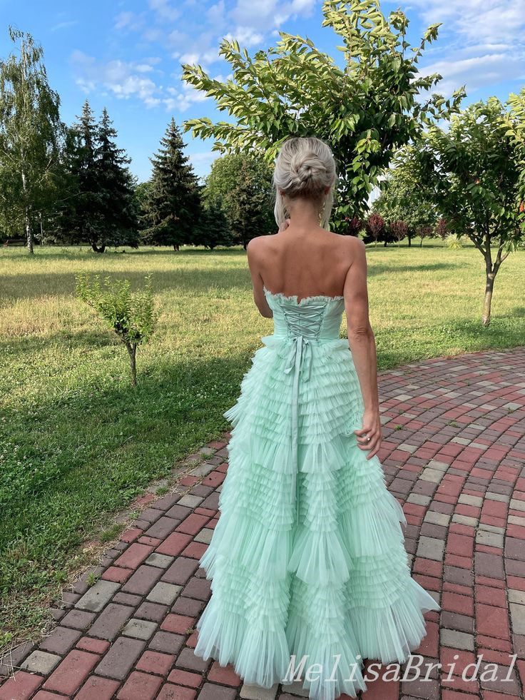 Mint Green Strapless Layer Fluffy Lace Up Back Evening Gown Maxi Long Formal Dresses Prom Dresses With Ruffles,MB569