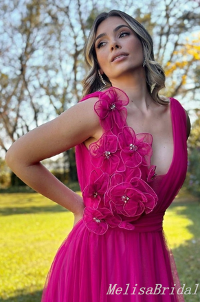 Flower Plunging A-line Evening Gown Maxi Long Evening Party Prom Dresses ,MB755