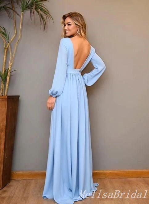 Light Blue A-line Long Sleeves Plunging Evening Gown Maxi Long Evening Party Prom Dresses  ,MB729