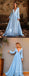 Light Blue A-line Long Sleeves Plunging Evening Gown Maxi Long Evening Party Prom Dresses  ,MB729