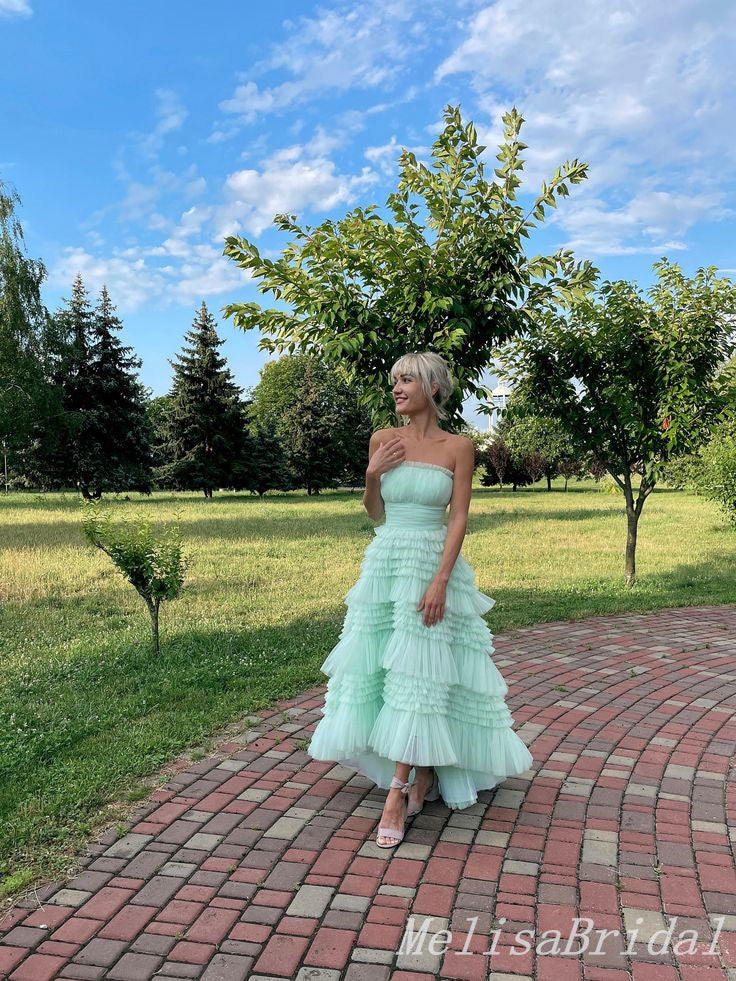 Mint Green Strapless Layer Fluffy Lace Up Back Evening Gown Maxi Long Formal Dresses Prom Dresses With Ruffles,MB569