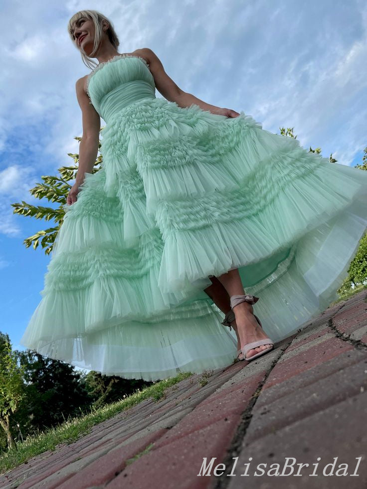 Mint Green Strapless Layer Fluffy Lace Up Back Evening Gown Maxi Long Formal Dresses Prom Dresses With Ruffles,MB569