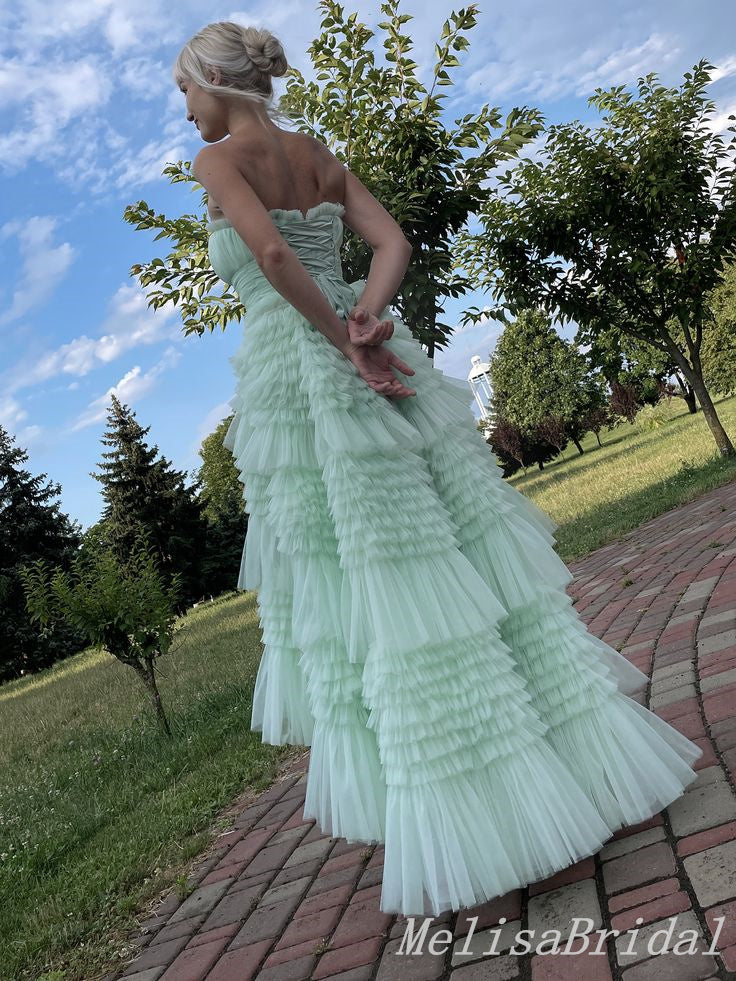 Mint Green Strapless Layer Fluffy Lace Up Back Evening Gown Maxi Long Formal Dresses Prom Dresses With Ruffles,MB569