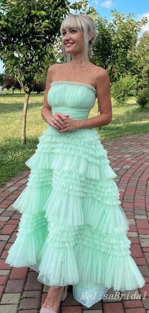 Mint Green Strapless Layer Fluffy Lace Up Back Evening Gown Maxi Long Formal Dresses Prom Dresses With Ruffles,MB569