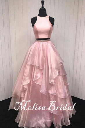 Pink Halter Beaded Fluffy Two Pieces Evening Gown Maxi Long Evening Party Prom Dresses,MB657