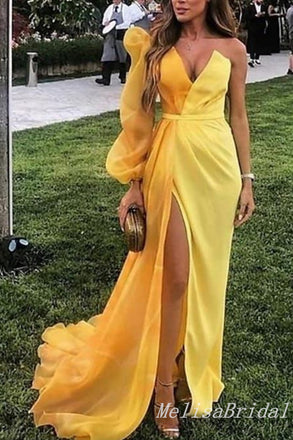 Yellow Long Sleeves Sheath Evening Gown Long Evening Party Prom Dresses with Slit,MB836