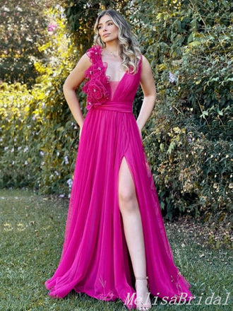 Flower Plunging A-line Evening Gown Maxi Long Evening Party Prom Dresses ,MB755