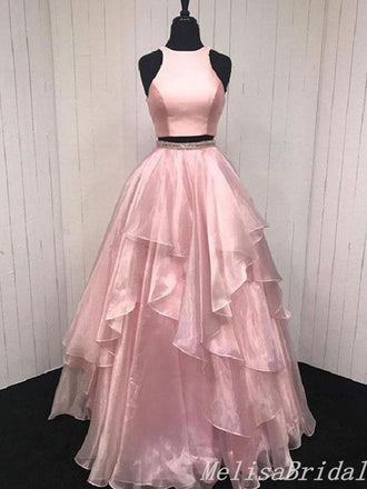 Pink Halter Beaded Fluffy Two Pieces Evening Gown Maxi Long Evening Party Prom Dresses,MB657