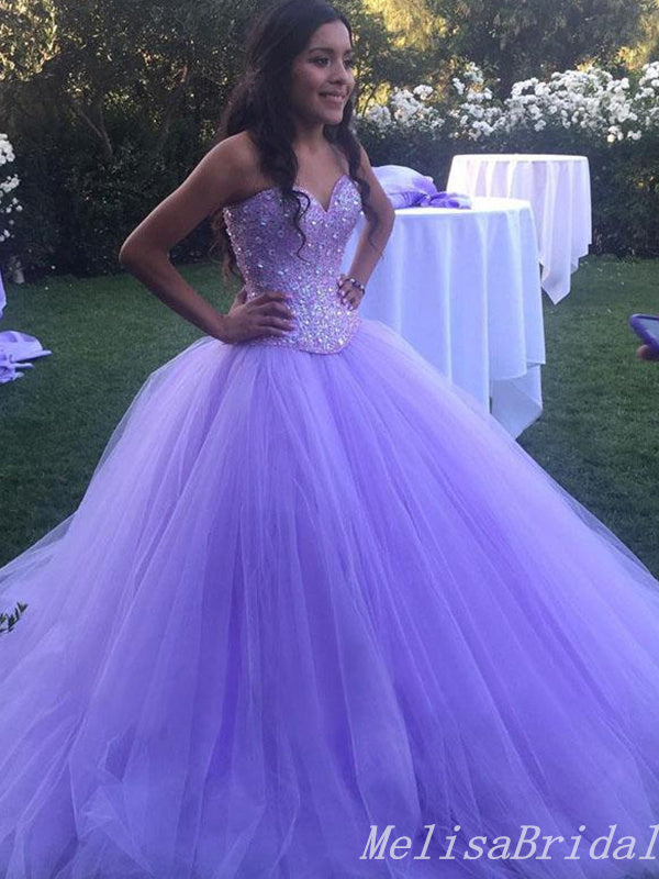 Elegant Sparkle Strapless Purple A-Line Ball Gown Sweetheart Evening Gown Maxi Long Formal Dresses Prom Dresses With Tulle,MB531