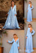 Light Blue A-line Long Sleeves Plunging Evening Gown Maxi Long Evening Party Prom Dresses  ,MB729