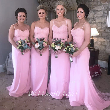 Elegant Pink Spaghetti Strap Lace Floor Length Cheap Bridesmaid Dresses,BD42