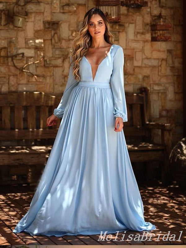 Light Blue A-line Long Sleeves Plunging Evening Gown Maxi Long Evening Party Prom Dresses  ,MB729