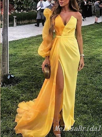 Yellow Long Sleeves Sheath Evening Gown Long Evening Party Prom Dresses with Slit,MB836