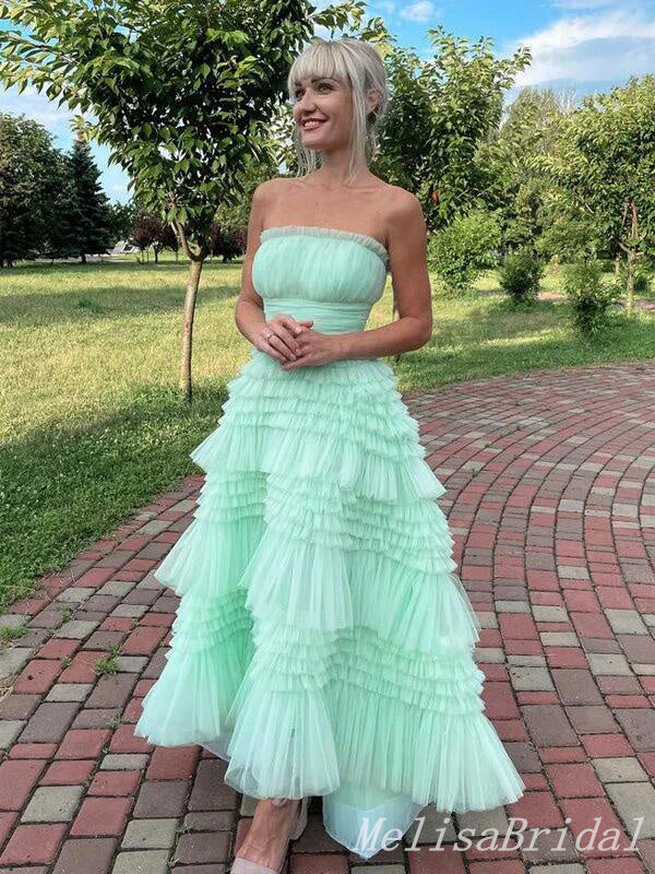 Mint Green Strapless Layer Fluffy Lace Up Back Evening Gown Maxi Long Formal Dresses Prom Dresses With Ruffles,MB569