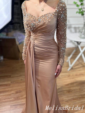 Gorgeous Long Sleeves Beaded Sweetheart Mermaid Long Prom Dresses to Impress ,MB911