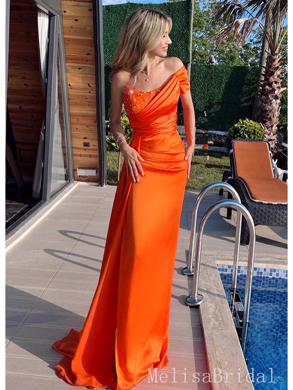 Elegant Orange Side Slit Off Shouldrer Detachable Train Pleats Mermaid Long Prom Dresses,MB43