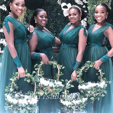Elegant Green Tulle Long Sleeve Appliquese A-Line Cheap Bridesmaid Dresses,BD43