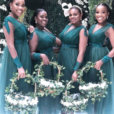Elegant Green Tulle Long Sleeve Appliquese A-Line Cheap Bridesmaid Dresses,BD43