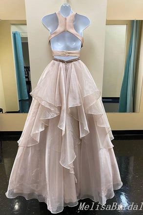 Champagne Halter Beaded Fluffy Two Pieces Evening Gown Maxi Long Evening Party Prom Dresses,MB659