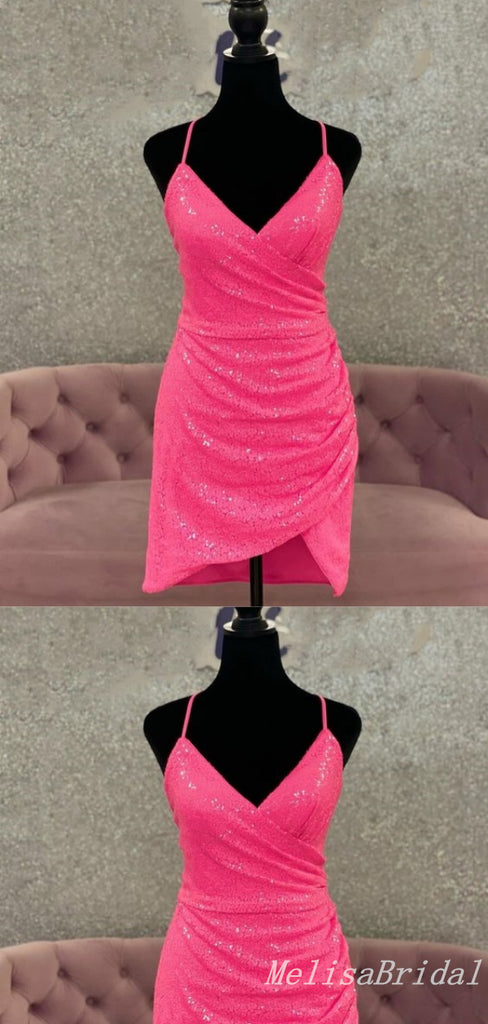 Sparkle Hot Pink Spaghetti Straps V-Neck Mermaid Graduation Party Short Homecoming Dresses With Pleats , HD421