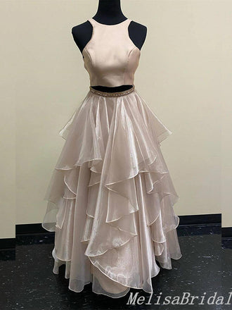 Champagne Halter Beaded Fluffy Two Pieces Evening Gown Maxi Long Evening Party Prom Dresses,MB659