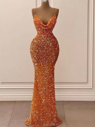 Shiny Orange Spaghetti Straops Mermaid Long Prom Dresses to Impress ,MB912
