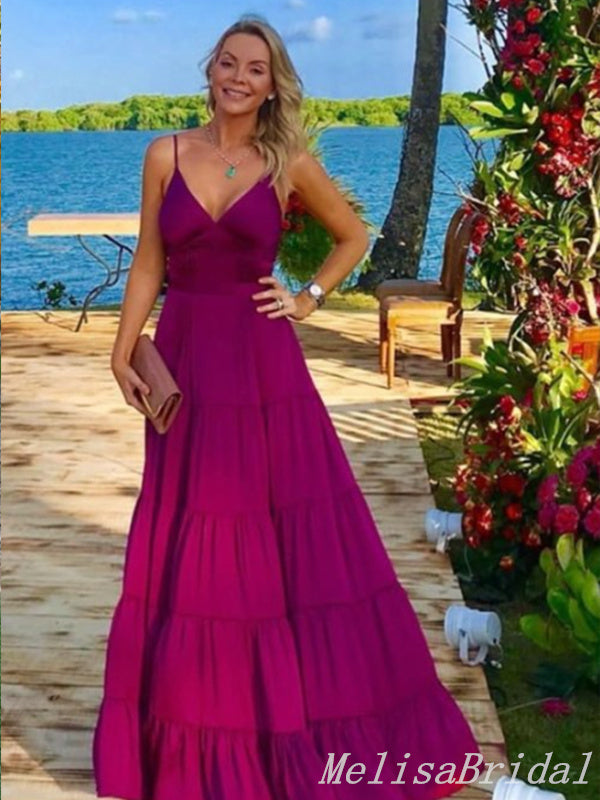 Spaghetti Straps V Neck Plunging Evening Gown Maxi Long Evening Party Prom Dresses with Side Slit ,MB757