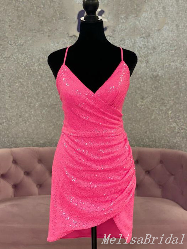 Sparkle Hot Pink Spaghetti Straps V-Neck Mermaid Graduation Party Short Homecoming Dresses With Pleats , HD421